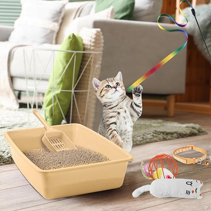 7 Pcs Small Cat Kitten Starter Kit Cat Litter Box with Shovel Paw Litter Mat Double Automatic Kitten Bowls Toy Teaser Stick Collar Essentials Kits for 1-3 Lbs Beginner(Simple,Khaki)