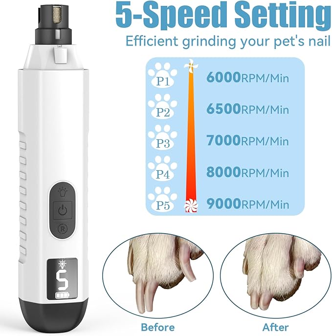 Dog Nail Grinder, Dog Nail Trimmers and Clippers Kit, 5 Speeds Nail Grinder for Dogs, Rechargeable Dog Nail Grinder with LED Light, Nail Grinder for Dogs Quiet, Nail Trimmer Nail Grinder for Dogs Cats