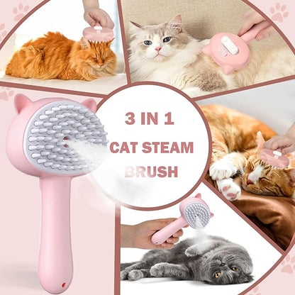 Cat Steam Brush, 3 in 1 Steamy Cat Brush for Shedding, Pets Spary Brush With Release Buttom, Self-Cleaning Cats Dogs Hair Grooming Comb, Pets Steamy Brush With Water Tank, Pink