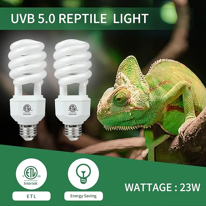 LUCKY HERP 2 Pack UVA UVB Reptile Light, 23W 5.0 UVB Bulb for Tropical and Sub Tropical Reptiles, Compact Fluorescent Terrarium Lamp, Reptile UVB Bulb for Chameleons, Lizard, Turtle
