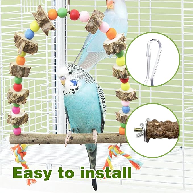 4-Piece Natural Wood Bird Cage Perch Set: Rotating Perch, Swing & Ladder Perfect for Parrots, Parakeets, Cockatiels, Lovebirds, Conures, Budgies, Quakers, and All Small to Medium Birds