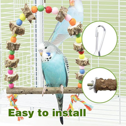 4-Piece Natural Wood Bird Cage Perch Set: Rotating Perch, Swing & Ladder Perfect for Parrots, Parakeets, Cockatiels, Lovebirds, Conures, Budgies, Quakers, and All Small to Medium Birds