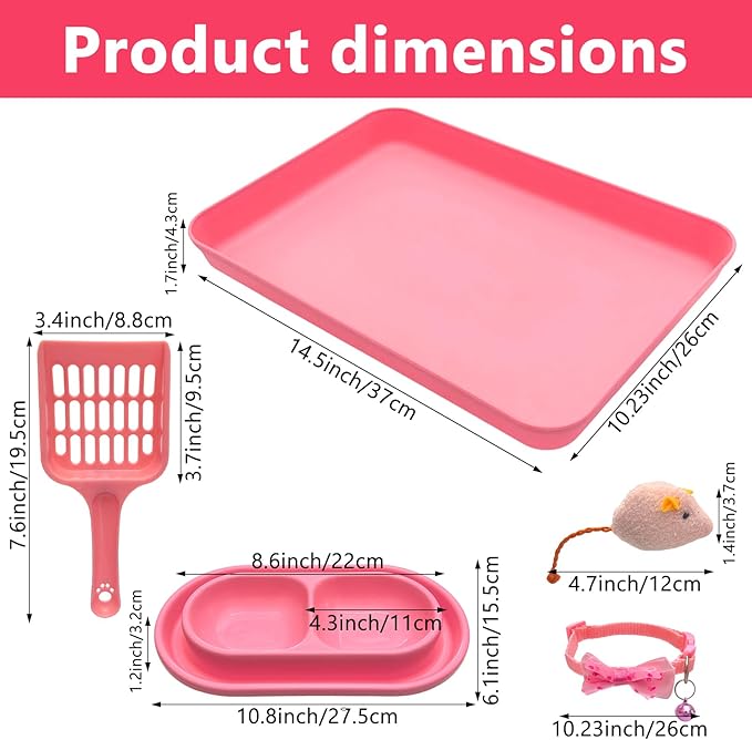 Cute Kitten Starter Kit, Small Cat Litter Box, Litter Scoop, Double Dish Feeding Bowl, Adjustable Cat Collar with Bell, Cat Mouse Toy,Low Entry Baby Kitten Training, First Catty Owner Essentials
