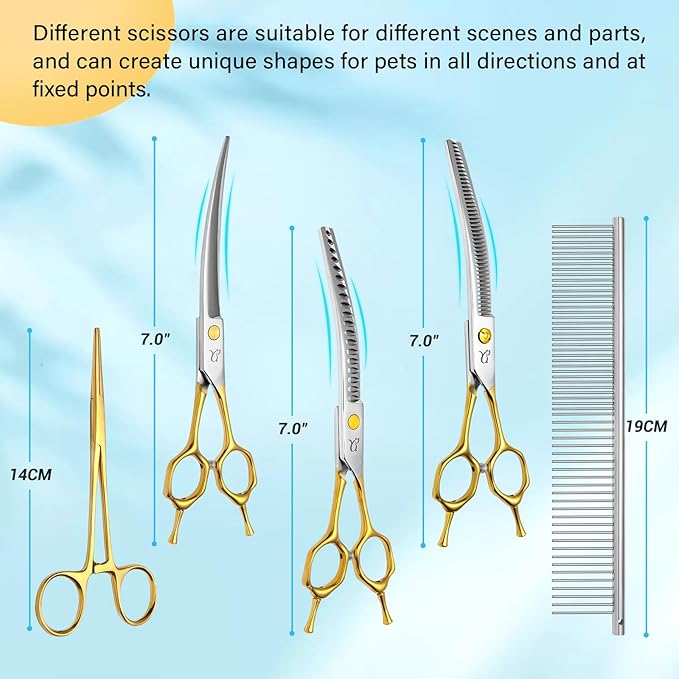 Dog Grooming Scissors,Curved Thinning Shears Dog Grooming with Safety Round Tips, Sharp and Comfortable 4 in 1 Dog Scissors for Grooming