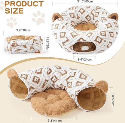 Cat Tunnel Bed for Indoor Cats, Cat Donut Tunnel with Washable Cushion, Peekaboo Cat Cave Toy, Multifunctional Playground Toys for Kittens, Rabbit, Brown Jacquard Pattern