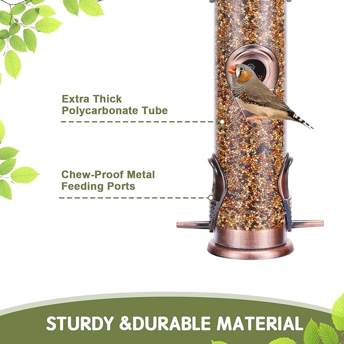 MIXXIDEA Metal Wild Bird Feeder, Squirrel Proof, Hanging 6 Port Tube Finch Feeder for Attracting Birds in Lawn, Garden, Balcony - Antique Copper