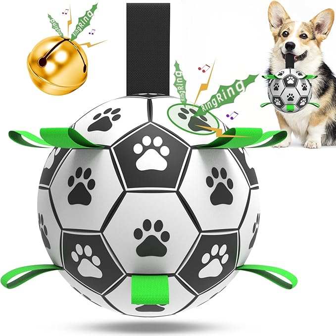 QDAN Dog Soccer Balls Toy with Bell Inside, Outdoor Interactive Dog Toys for Tug of War, Puppy Birthday Gifts, Dog Water Toy, Durable Ropes Squeaky Soccer Dog Ball for Small and Medium Dogs （6 INCH）