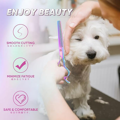 7" Dog Thinning Shears for Grooming, Multicolour Texturizing Scissors for Medium and Big Pets Japanese Stainless Steel 440C Sharp and Sturdy Grooming Shears for Novice and Professional Groomers