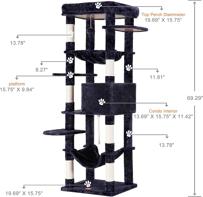 Heybly Cat Tree for Large Cats 20 lbs Heavy Duty,69 inches XXL Cat Tower for Indoor Cats,Multi-Level Furniture Condo with Big Padded Plush Perch,Cozy Basket HCT031G