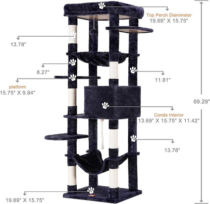 Heybly Cat Tree for Large Cats 20 lbs Heavy Duty,69 inches XXL Cat Tower for Indoor Cats,Multi-Level Furniture Condo with Big Padded Plush Perch,Cozy Basket HCT031G