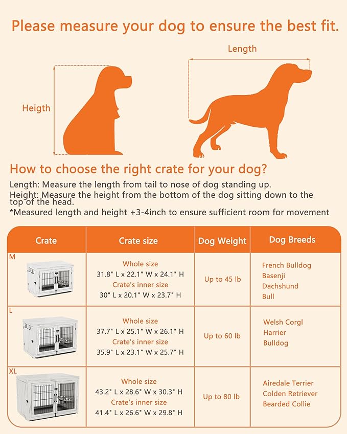 Piskyet Wooden Dog Crate Furniture with 360°Rotatable Removable Dog Bowls, Dog Crate End Table with Tray, Double Doors Dog Kennels for Dogs(M:31.8" L*22.1" W*24.1" H,Marble White)