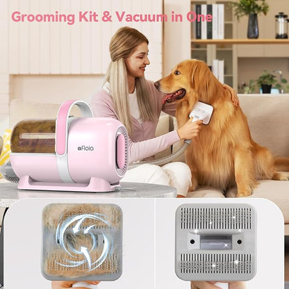 Afloia 6-in-1 Dog Grooming Kit, Pet Grooming Vacuum for Shedding, Dog Hair Vacuum with Clipper Nail Trimmer Grinder, Pet Brush Groomer at Home, Low Noise Cats Hair Remover, 1.5L Dust Cup, Pink