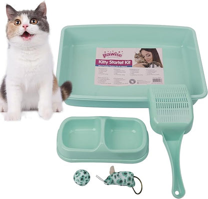 PAWISE Small Cat Litter Box, Kitten Litter Box Starter Kit, Low Entry Baby Kitten Training Litter Box with Scoop, Bowls,Cat Mouse Toy and Cat Ball Toy,First Catty Owner Essentials (Green)