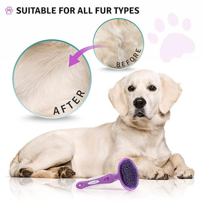 Round Bristle Pet Brush for Dogs and Cats - Soft Dog Brush for Grooming Short or Long Hair - Gentle Tool for Sensitive Skin Removes Dander, Dirt, and Detangles - Purple