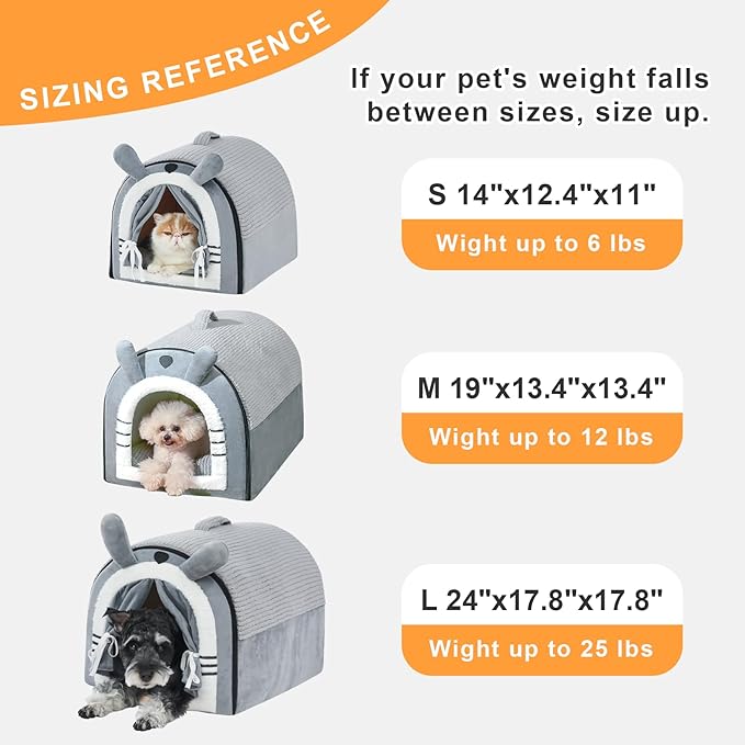 Jiupety Cat Houses for Indoor Cats, Cave Bed with Door Curtain Design, Cute Portable Beds with Reversible Washable Cushion, S Size Soft Kitty Hideaway Up to 6 lbs, Non-Slip Bottom, Grey