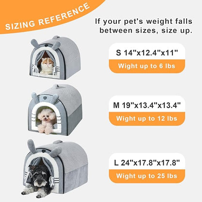 Jiupety Cat Houses for Indoor Cats, Cave Bed with Door Curtain Design, Cute Portable Beds with Reversible Washable Cushion, S Size Soft Kitty Hideaway Up to 6 lbs, Non-Slip Bottom, Grey