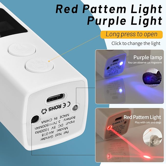 4-Speed Dog Nail Grinder, Professional Dog Nail Trimmers with UV Light & Battery Level Display, Rechargeable Painless Smoothing Quiet Pet Nail Grinder for Small Medium Large Dogs and Cat