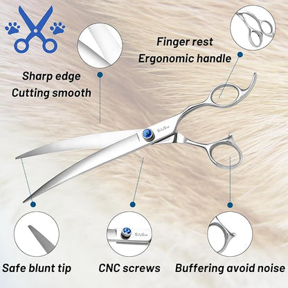 9inch Curved Dog Grooming Scissors Professional,VG10 Steel Dog Scissors for Grooming,30 Degree Bend,Sharp Blade with CNC Screw and Round Blunt Tip,Pet Grooming Shears for Dogs Cats at Home and Groomer