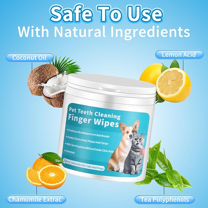 Dog Teeth Cleaning Wipes, 100Pcs Gentle Pet Dental Finger Wipes for Dogs Cats, Freshens Breath, Reduce Plaque, Portable Disposable Dental Wipes for Dogs Teeth Pet Dental Care Finger Wipes
