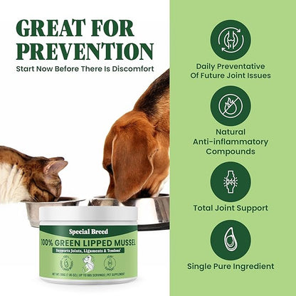 Special Breed Green Lipped Mussel Powder for Dogs & Cats - 100% New Zealand Green Lipped Mussels - Natural Hip & Joint Supplement for Joints, Tendons, Ligaments, Muscles - 200 Grams - 665 Servings