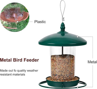 Metal Bird Feeder for Outdoors Hanging,3.0LB Seed Feeder,Easy to Fill & Clean,360° Feeding,Chew Proof Weatherproof Roof for Gardens and Wild Birds,Green