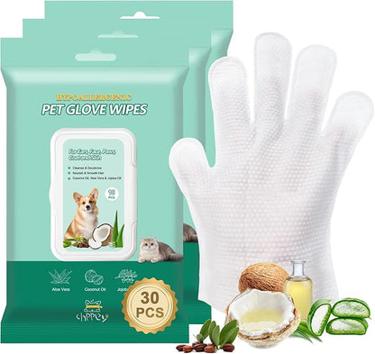 Pet Cleaning and Deodorizing Bathing Grooming Glove Wipes for Dogs and Cats, Extra Thick Nourish Fur No-Rinse Grooming Wipes for Daily Care and Travel, Hypoallergenic, 30 pcs