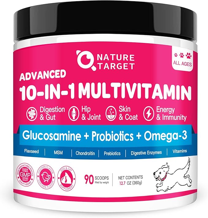 NATURE TARGET Dog Vitamins Powder, Probiotics & Digestive Enzymes for Gut Health, Glucosamine & Chondroitin & Omega 3, Complete Supplement for Homemade Dog Food, Joint & Skin & Immune Support