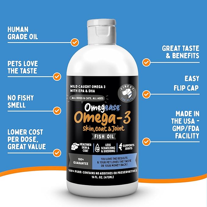Omegease Fish Oil for Dogs & Cats - Finest for Pets Omega 3 for Cats & Dogs - Supplement for Skin & Coat, Itching, Shedding, Joints & Immune Health - 100% Pure Omega Fish Oil with EPA & DHA (16 oz)