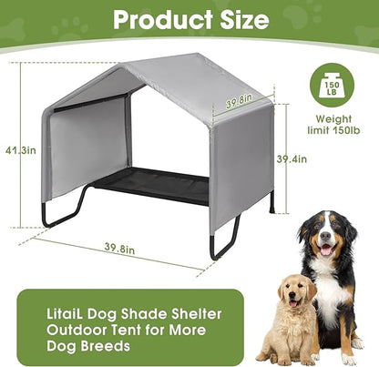 Dog Shade Shelter Outdoor Tent for Small Medium Large Dogs, Waterproof Sun Protection Dog Tent with Bed, Outside Sun Rain Canopy Pet House for Dogs Cats Livestock, Grey, 39.8x39.8x41.3 in
