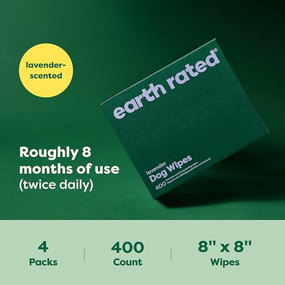 Earth Rated Dog Grooming Wipes, Hypoallergenic, Cleaning and Hydrating, for Paws, Body and Butt, Lavender Scented, 400 Count