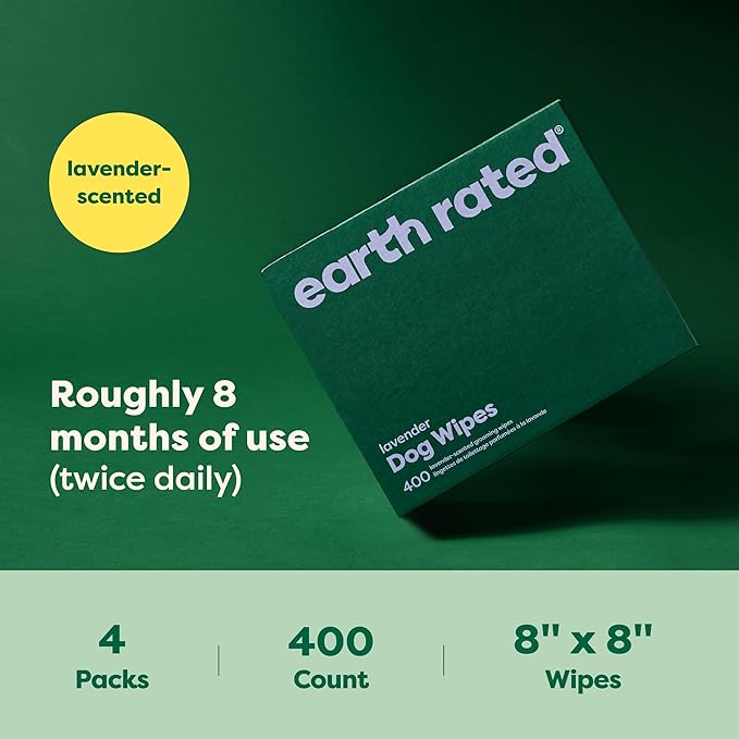 Earth Rated Dog Grooming Wipes, Hypoallergenic, Cleaning and Hydrating, for Paws, Body and Butt, Lavender Scented, 400 Count