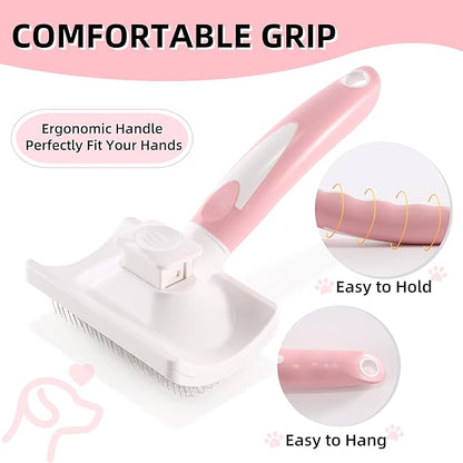 Dog Self-Cleaning Slicker Brush with One Button Fur Removal and Coated Tips Deshedding Brush for Medium or Long Hair Dogs Pink