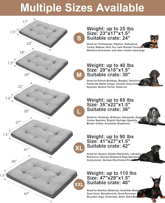 Dog Bed for Crate Washable Dog Beds Large Sized Dog Plush Dog Kennel Pad Pet Sleeping Mat with Anti-Slip Bottom, 35x22 Inch, Grey