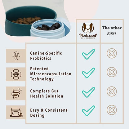 Natural Dog Company Gut Health & Canine Specific Probiotics Chews, 1 Daily Chew for All Dogs, Prebiotics & Digestive Enzymes for Digestion, Gas, Loose Stool, Immune System & Bowel Support