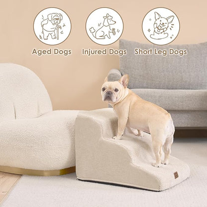EHEYCIGA Curved Dog Stairs Ramp for Small Dogs 15.7" H, 3-Step Dog Steps for Couch Sofa and Chair, Pet Stairs for Cats, Non-Slip Balanced Pet Steps Indoor, Beige