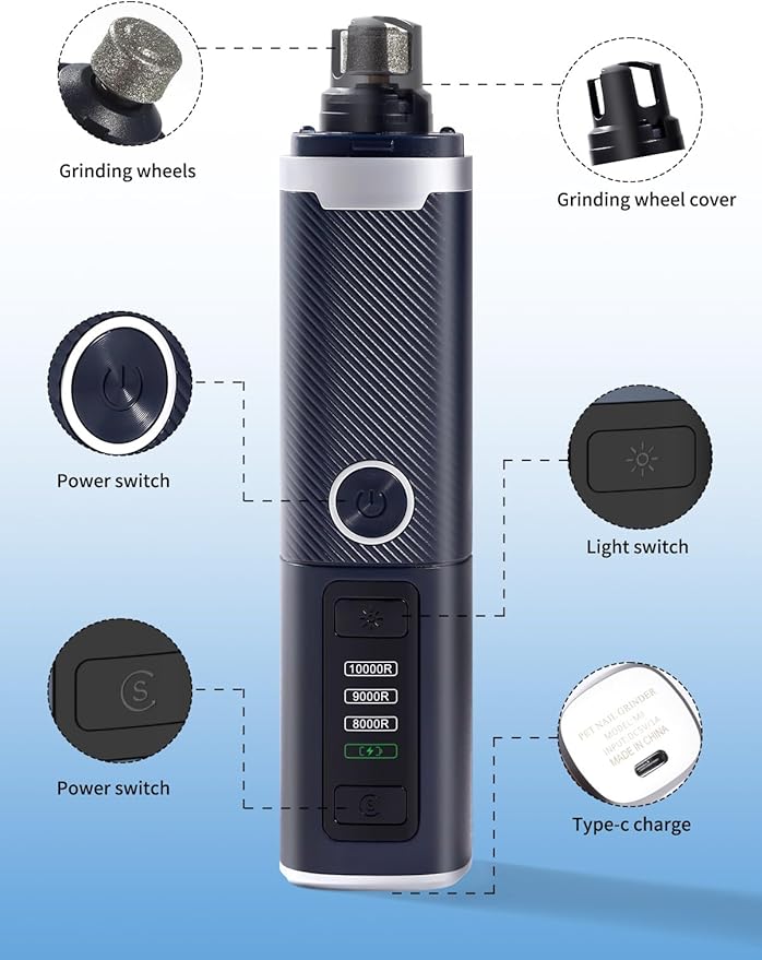 Dog Nail Grinder, 3-Speed Electric Pet Nail Trimmer with LED Lights, Rechargeable Toenail Grinder for Small Medium Large Dogs (Blue)
