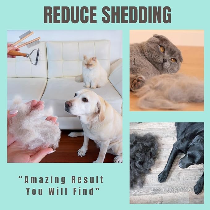 Dog Cat Brush for Shedding Dematting, 3 Pack Pet Grooming Kit of Double Sided Undercoat rake and Pet Combs, Deshedding Brush, Premium Wood Handle