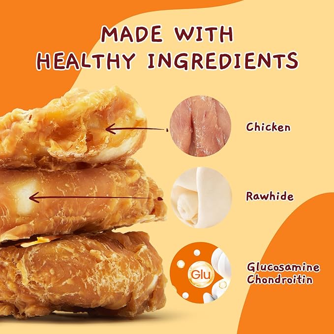 Jungle Calling Dog Treats Long Lasting, Rawhide Chews for Dogs, Chicken Wrapped Rawhide Donuts, Chewy Snacks for Medium Large Dogs