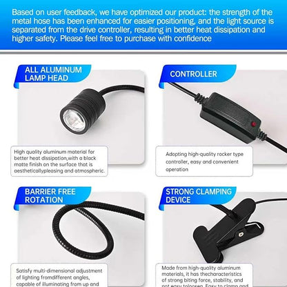 LED Aquarium Light, 4W Clip-on Fish Tank Lamp, 3 Colors, 17.8 Inch Flexible Arm, Full Spectrum for Plants and Coral