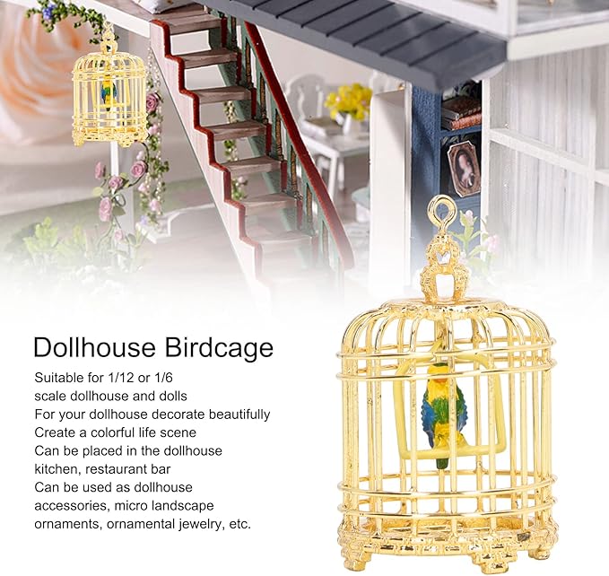 Bird Cage Decor, 1:12 Dollhouse Accessory Metal Small Bird Cage, 5.7x3.5x3.5cm Gold Mini Birdcage for 1/12 or 1/6 Scale Dollhouses