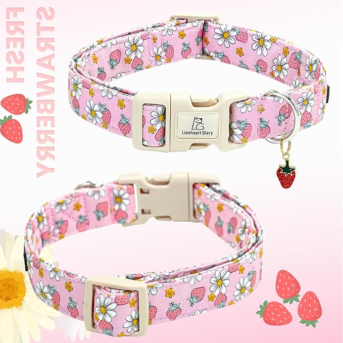 Lionheart glory Dog Collar Strawberries Print Pink Dog Collars Girl Spring Summer Cute Collar Pet Gift Durable Adjustable Dog Collar for Small Dogs