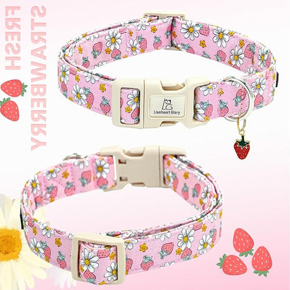 Lionheart glory Dog Collar Strawberries Print Pink Dog Collars Girl Spring Summer Cute Collar Pet Gift Durable Adjustable Dog Collar for Small Dogs