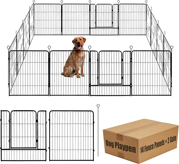 Dog Playpen,40 in(H) Pet Fence Outdoor for Rv Camping,Garden Fence Animal Barrie for Yard,Total 16 Panels with Gate 37.3Ft(L) Black Metal Temporary Fencing
