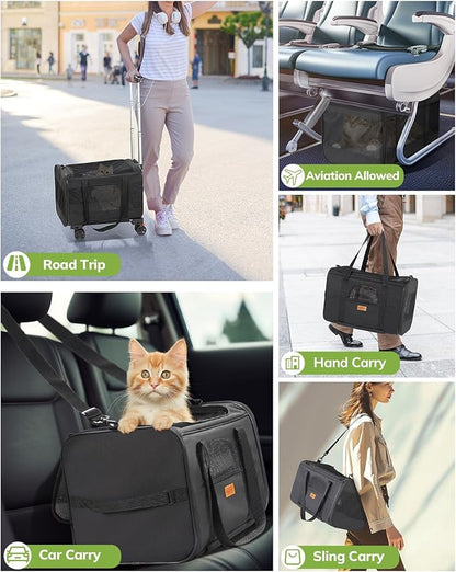 Morpilot Cat Carrier with Wheels Airline Approved, Pet Dog Carrier with Wheels for Small Dogs, Rolling Cat Carrier for Cats Puppy, Stroller Detachable and Foldable Pet Travel Bag (Large - Dark Gray)