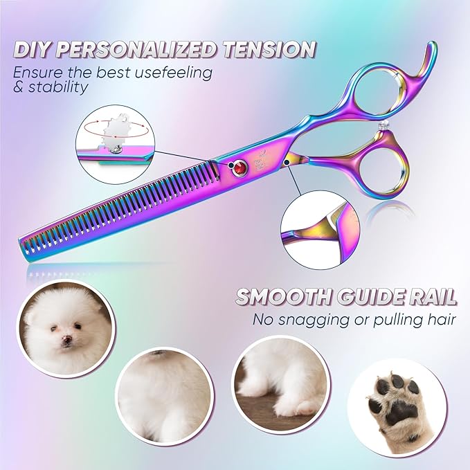 7" Dog Thinning Shears for Grooming, Multicolour Texturizing Scissors for Medium and Big Pets Japanese Stainless Steel 440C Sharp and Sturdy Grooming Shears for Novice and Professional Groomers