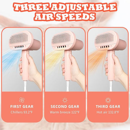 2-in-1 Pet Grooming Dryer and Brush - Overheating Protection, 3 Blowing Modes, Low Noise - Ideal for Small and Medium Dogs/Cats - Slim Handle (PINK)
