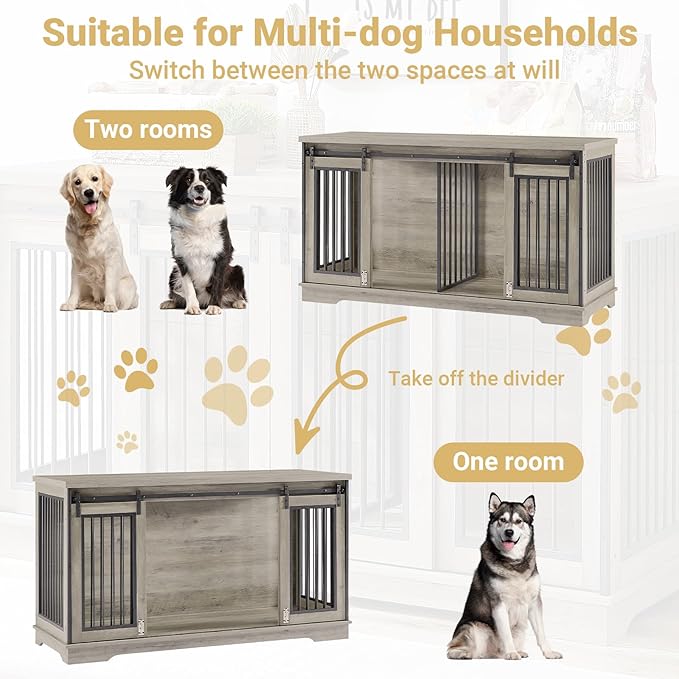 Rovibek 61 Double Dog Crate Furniture for 2 Dogs, Large Double Dog Kennel Furniture TV Stand, Furniture Style Dog Crates End Table, Wood Crates for Dogs Kennel Indoor Grey