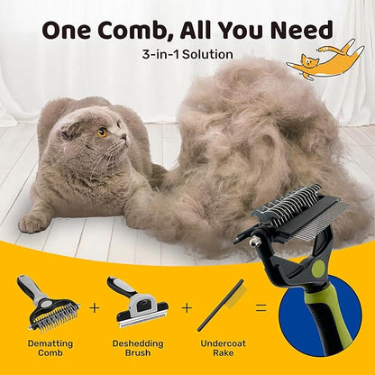 3-in-1 Pet Deshedding Tool - Undercoat Rake, Deshedding Brush, Dematting Comb for Dogs & Cats, Dog Brush for Shedding, Professional Grooming Brush for Double Coat, Long & Short Hair (Green)