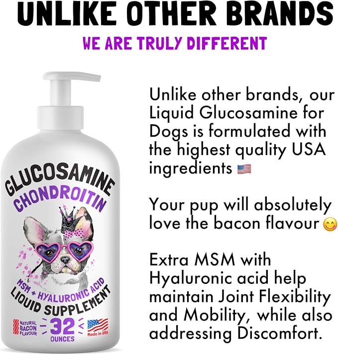 Liquid Glucosamine for Dogs Bacon Flavour Chondroitin, MSM & Hyaluronic Acid K9 Supplement Hip and Joint Formula Advanced Mobility Joint Pain Relief Senior Advanced Supplement for All Breeds 32 oz