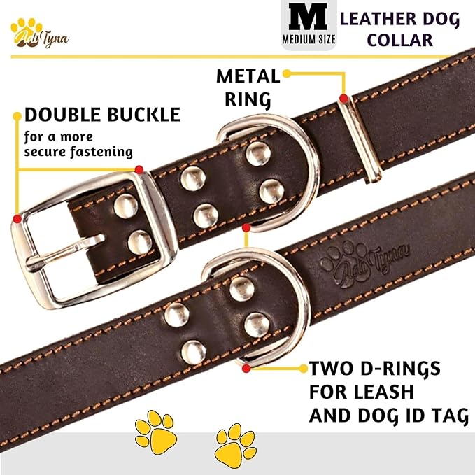 ADITYNA Heavy Duty Black Leather Dog Collar - Soft and Strong Dog Collar for Medium Dogs (Medium: Fit 13" - 20" Neck, Black)